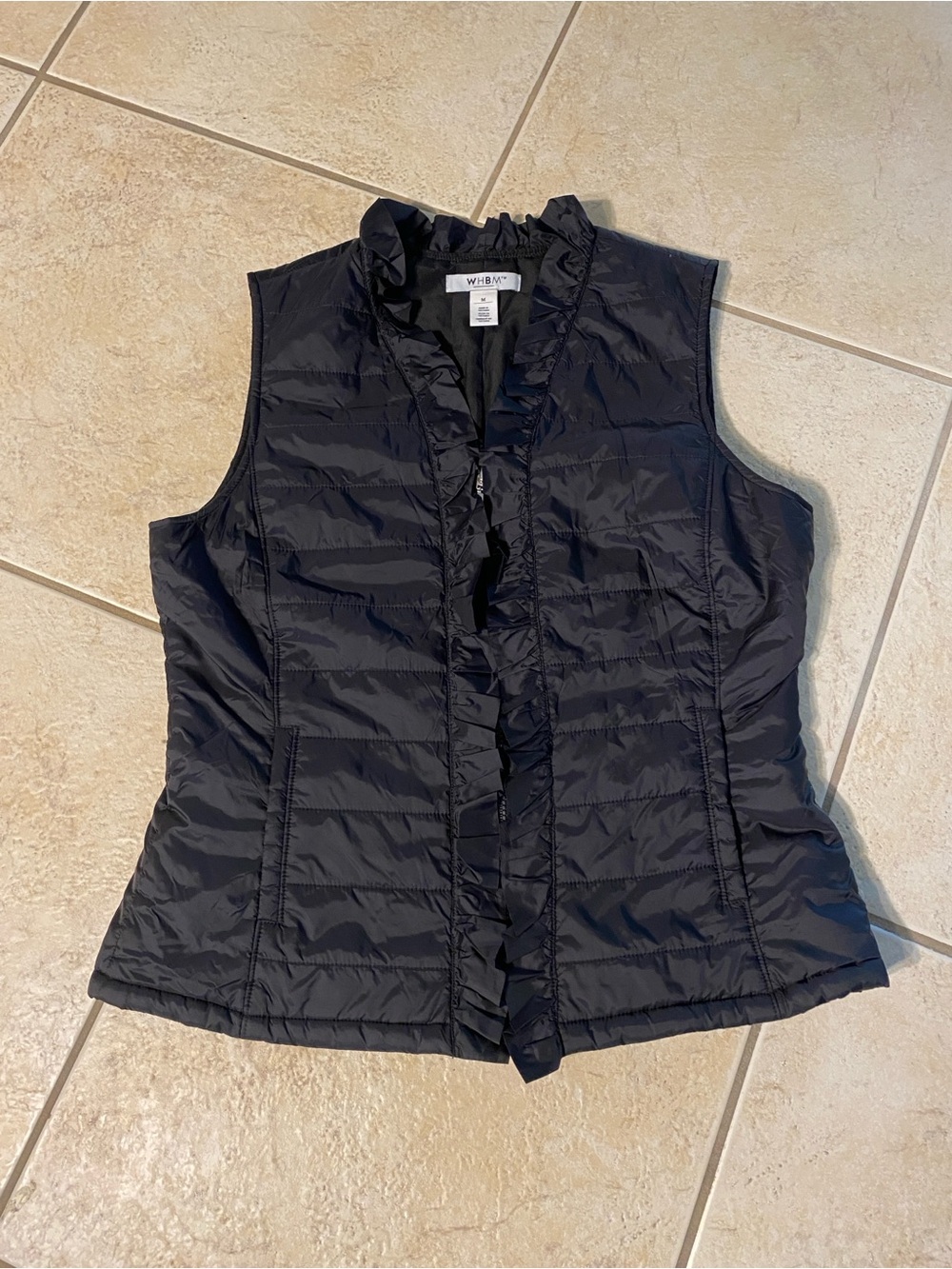 WHBM Black Puffer Vest with Ruffle detailing